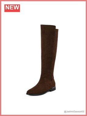 Knee High Flat Stretch Boots with Side Zipper, Faux Suede, Rounded Toe